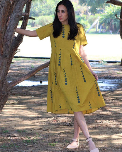 Mustard Yellow Printed A-Line Dress