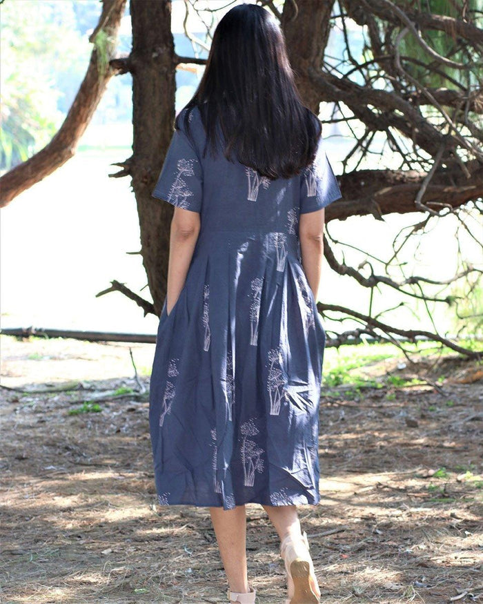 Slate Blue Botanical Print Pleated Dress