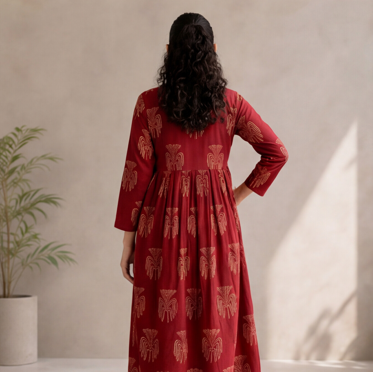 Women's Maroon Printed Cotton A-Line Dress only