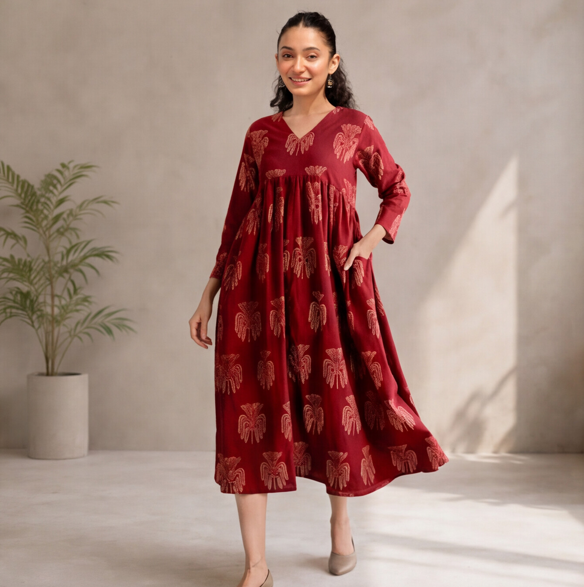 Women's Maroon Printed Cotton A-Line Dress only