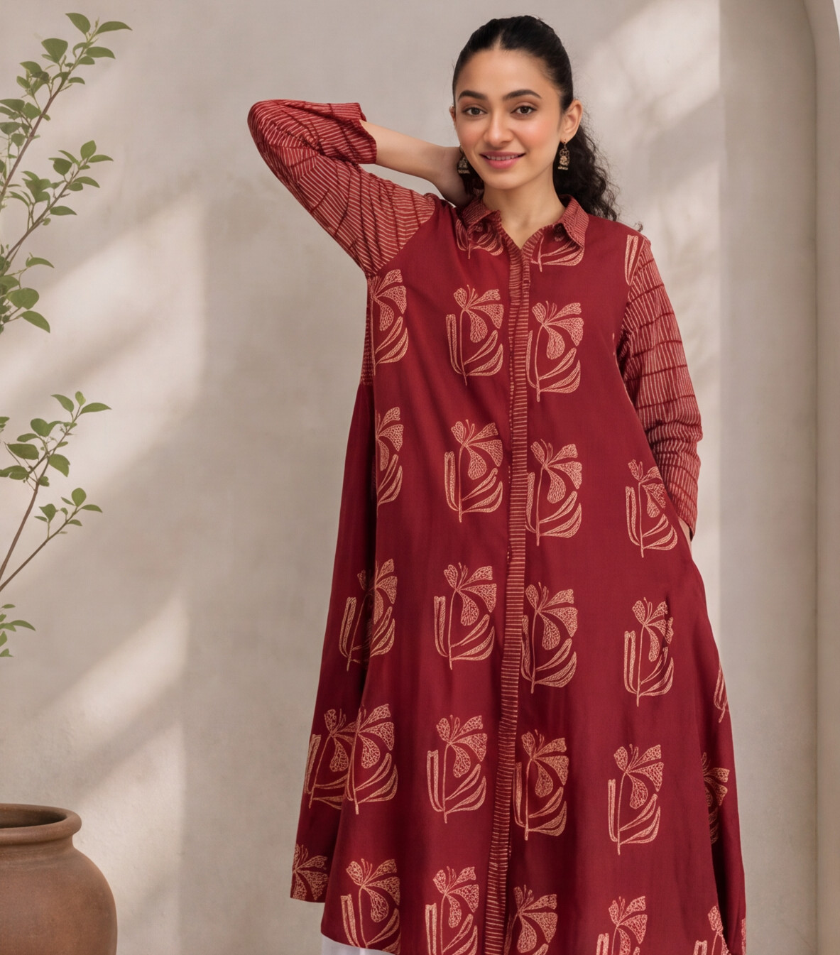 Women's Maroon Floral Printed Cotton kurta only