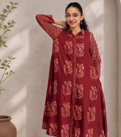 Women's Maroon Floral Printed Cotton kurta only