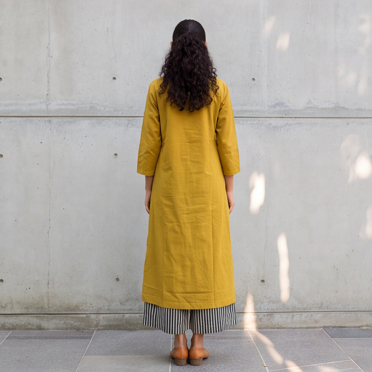 Mustard Yellow Straight Kurta with Striped Palazzo Set