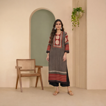 Rust Noir Geometric Printed Straight Kurta Set
