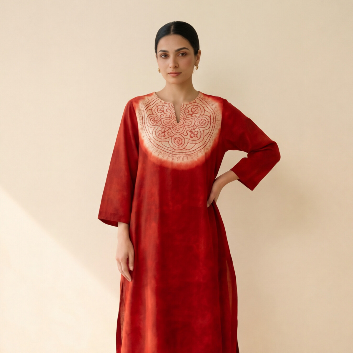 Women's Premium Red Cotton Tie-Dye Embroidered Kurta