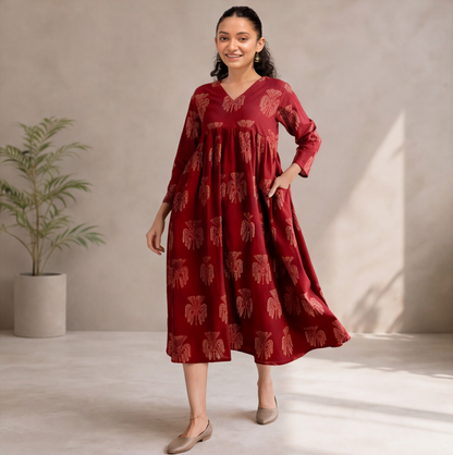Women's Maroon Printed Cotton A-Line Dress only