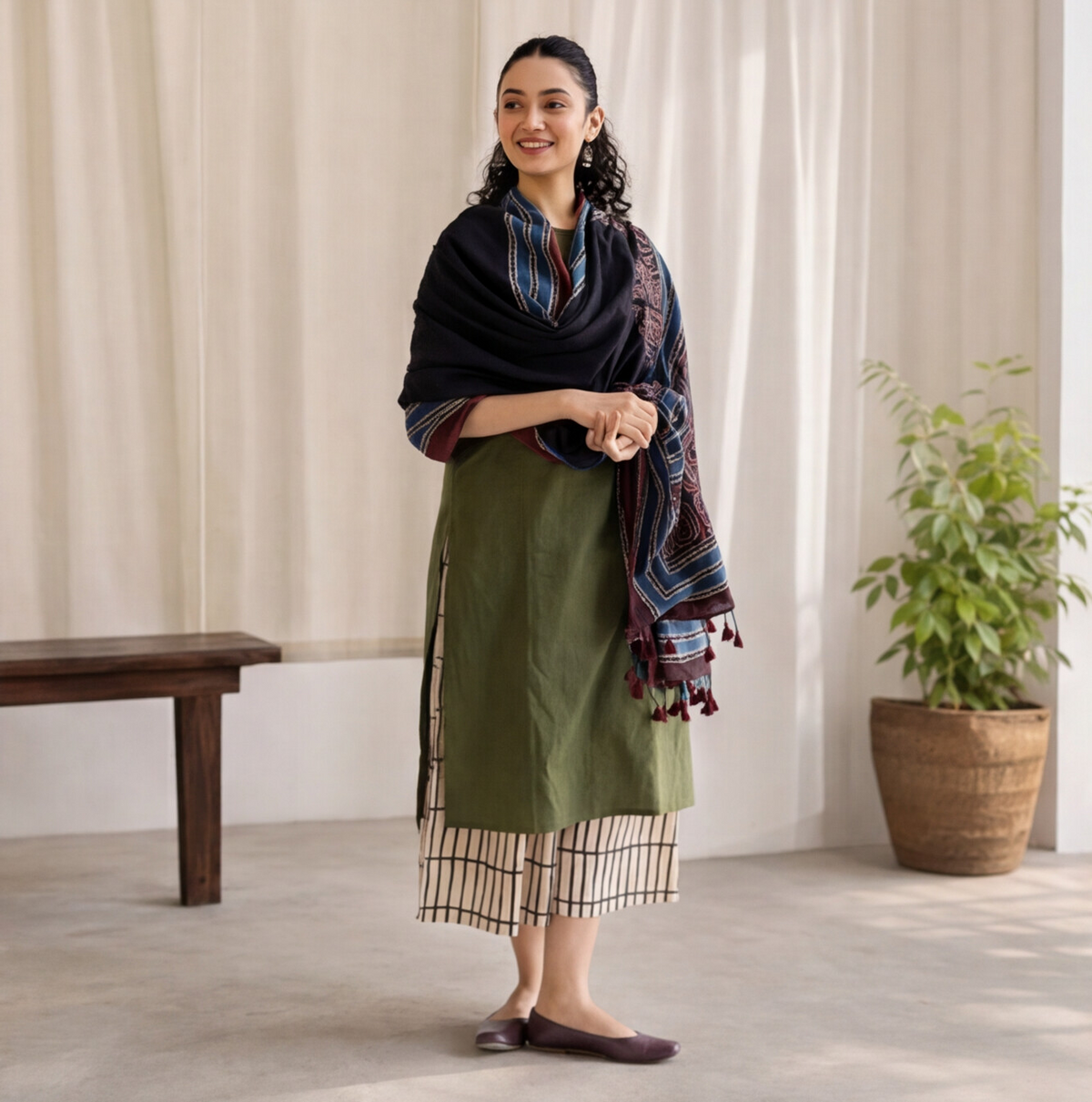 Women's Olive Green Cotton Kurta Set with Designer Printed Dupatta