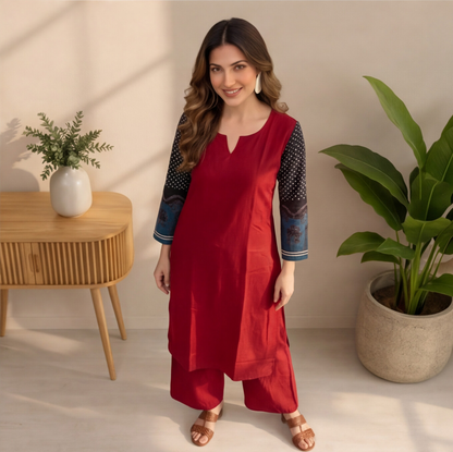 Women's Maroon Straight Kurta Set with Printed Sleeves