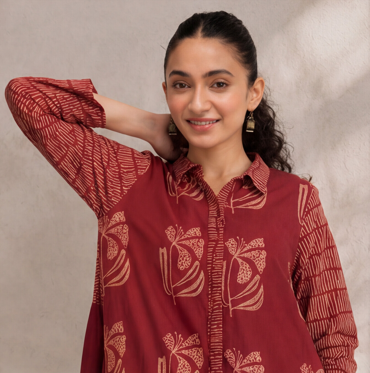 Women's Maroon Floral Printed Cotton kurta only