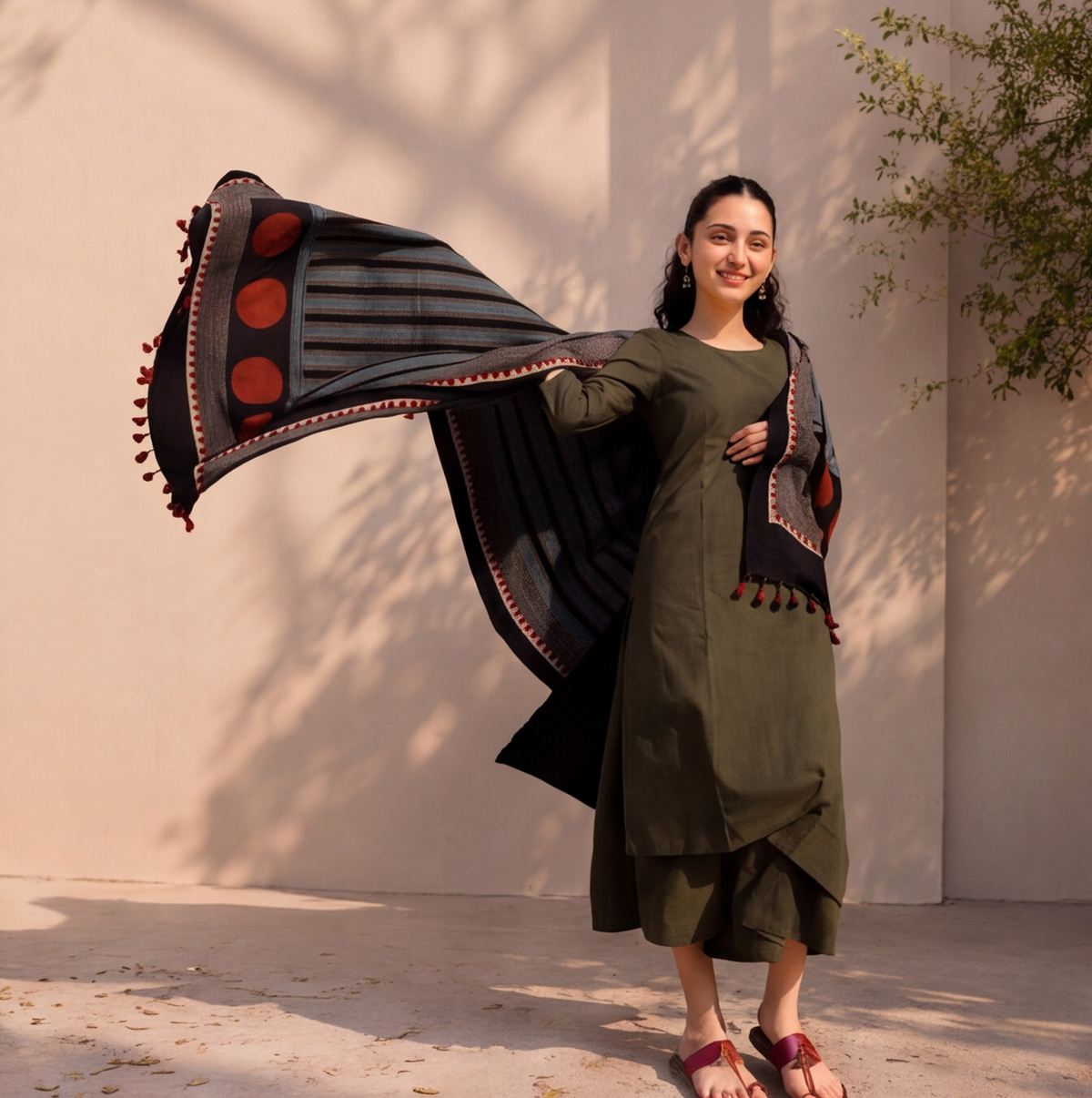 Women's Olive Green Cotton Kurta Set with Designer Dupatta