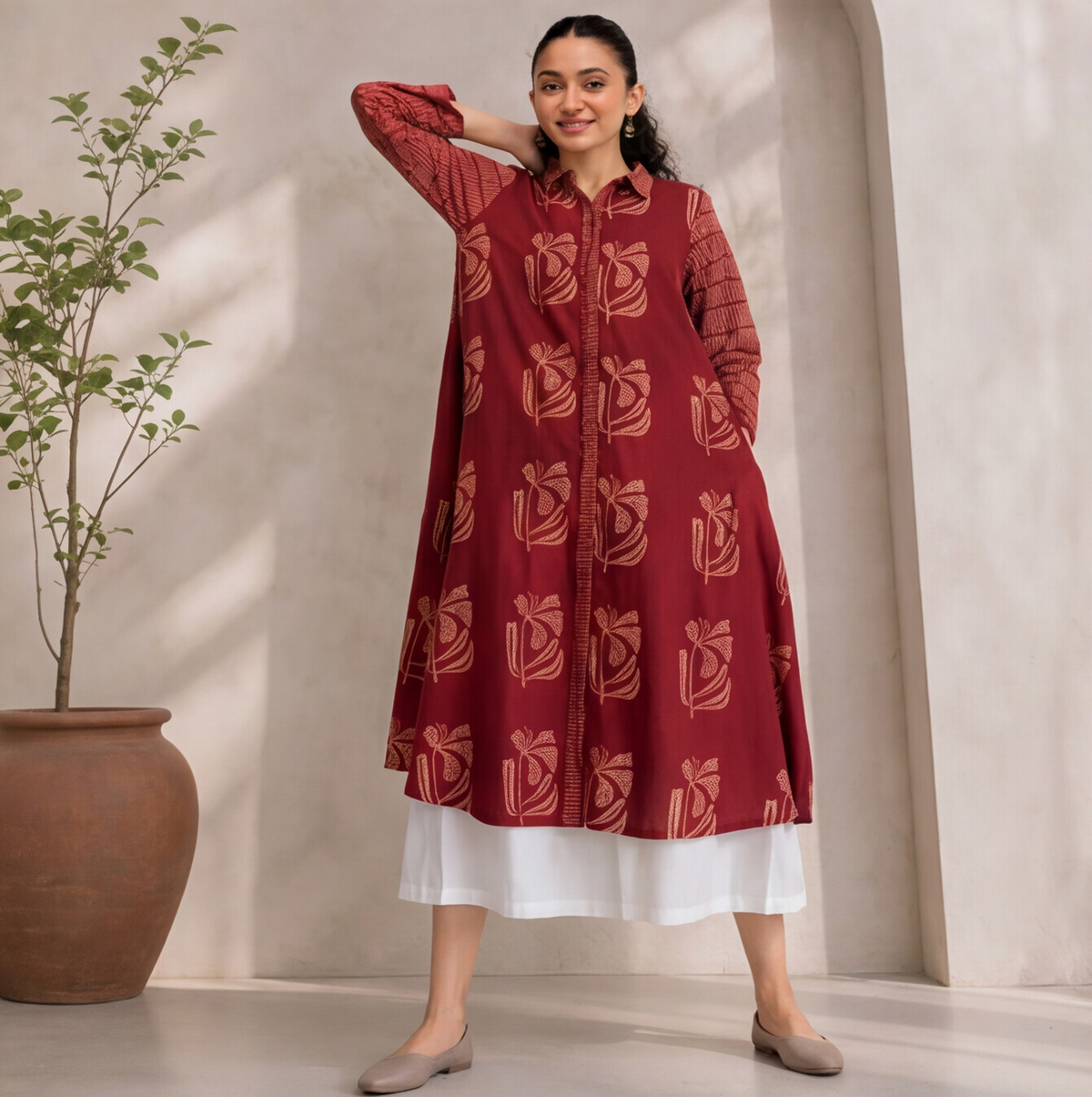 Women's Maroon Floral Printed Cotton kurta only