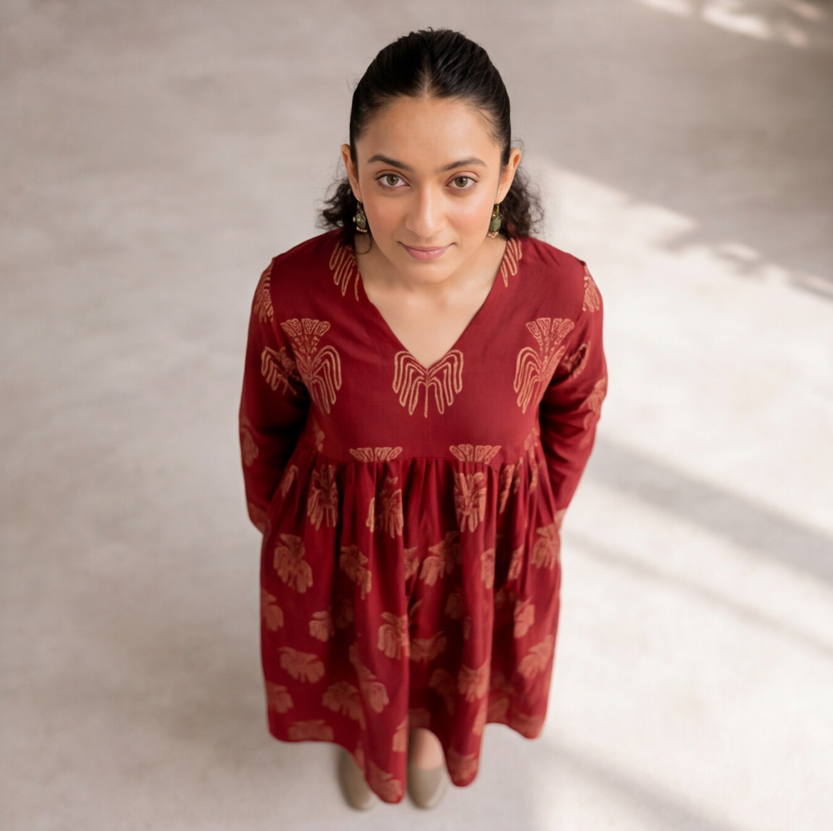 Women's Maroon Printed Cotton A-Line Dress only