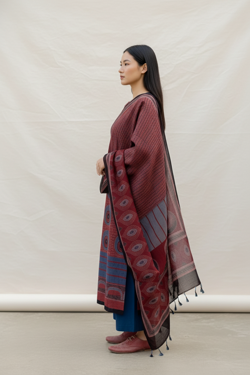 Maroon & Indigo Circular Motif Print Cotton Kurta With Dupatta