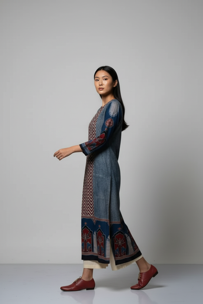 Indigo & Maroon Ajrakh Patch Panel Cotton Kurta