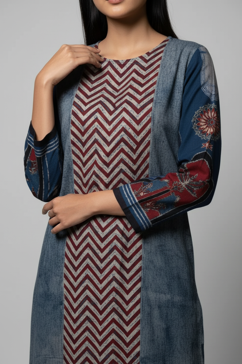 Indigo & Maroon Ajrakh Patch Panel Cotton Kurta
