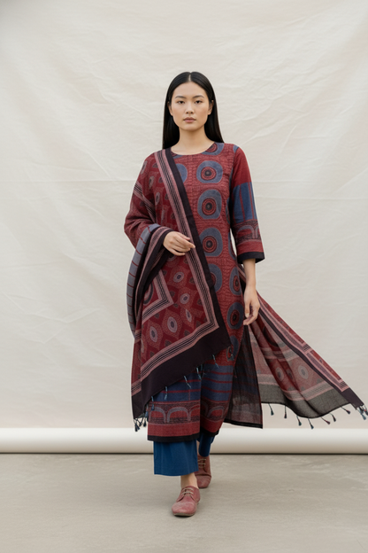 Maroon & Indigo Circular Motif Print Cotton Kurta With Dupatta