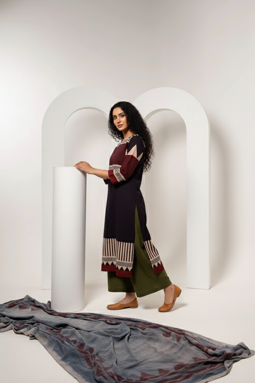 Maroon & Black Print Cotton Long Kurta