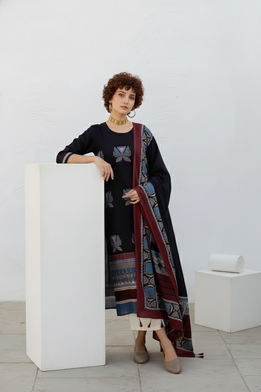 Black & Maroon Printed Cotton Kurta Set with Matching Dupatta and Cream Pants