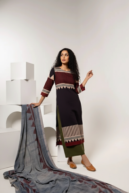 Maroon & Black Print Cotton Long Kurta