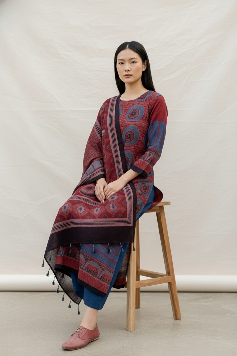 Maroon & Indigo Circular Motif Print Cotton Kurta With Dupatta
