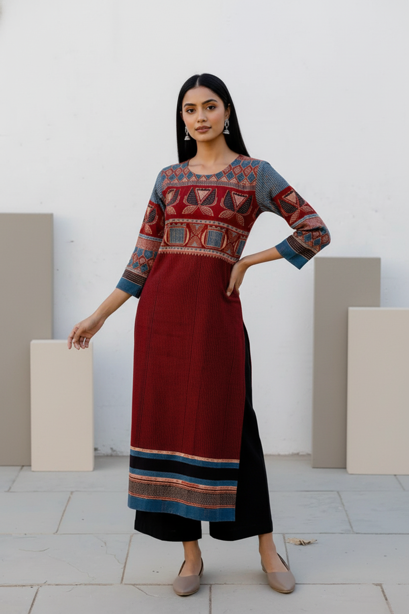 Maroon & Indigo Traditional Motif Print Cotton Kurta