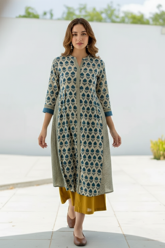 Beige & Indigo Floral Printed A-Line Cotton Kurta