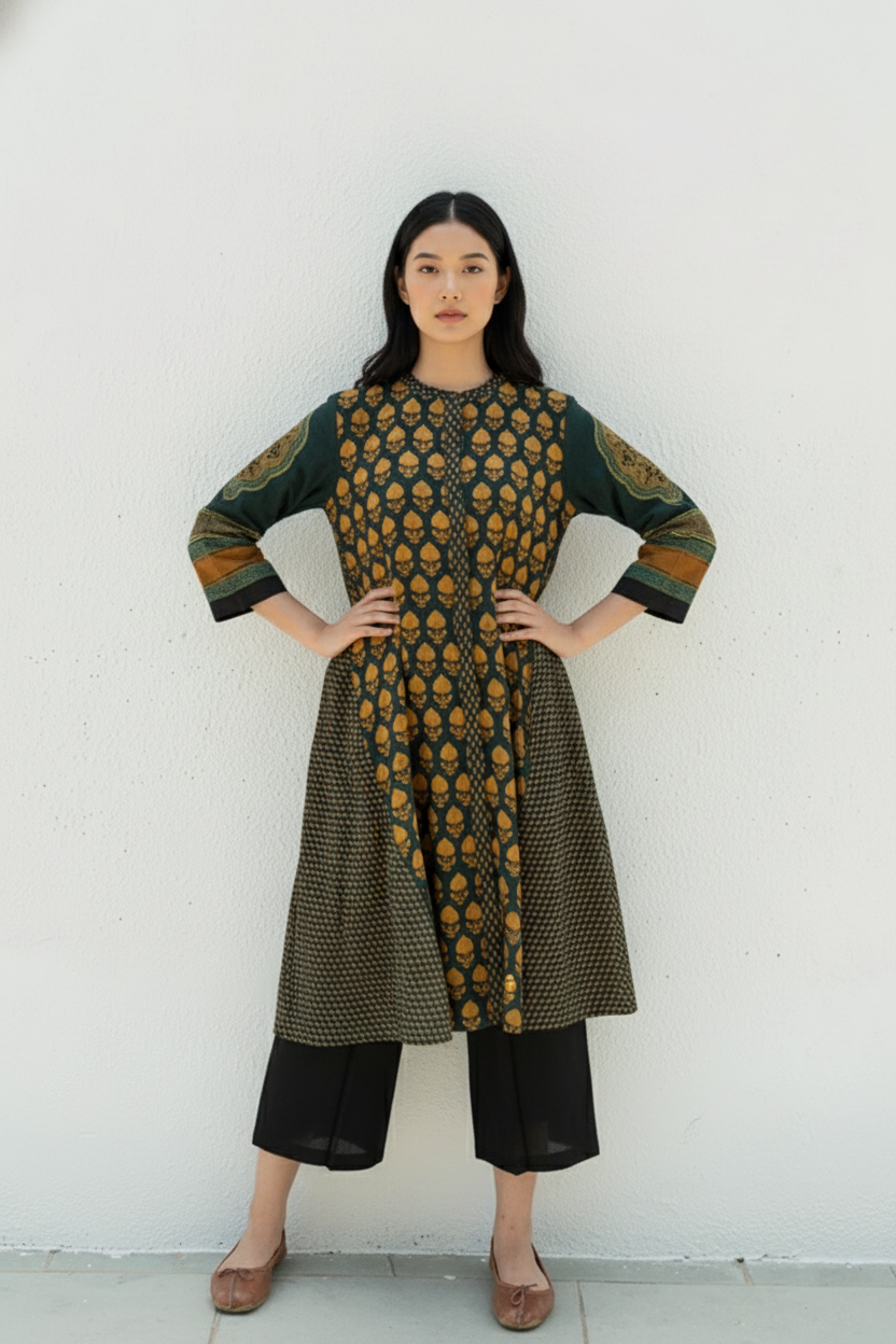 Green & Mustard Printed A-Line Cotton Kurta