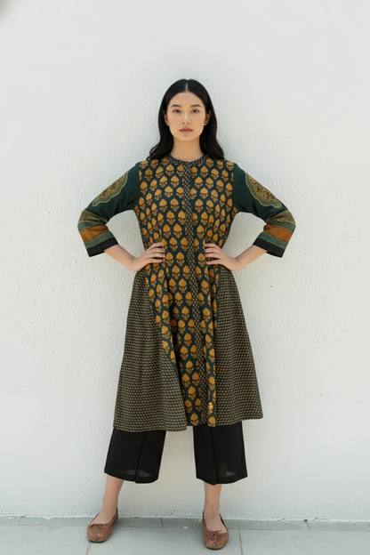 Green & Mustard Printed A-Line Cotton Kurta
