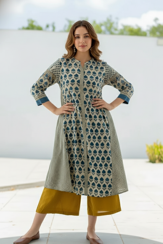 Beige & Indigo Floral Printed A-Line Cotton Kurta
