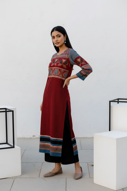 Maroon & Indigo Traditional Motif Print Cotton Kurta