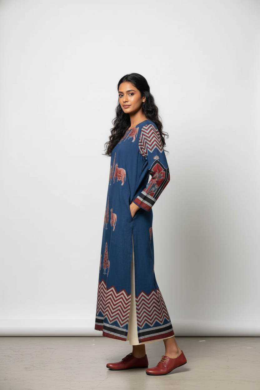 Navy Blue Pichwai Cow Print Cotton Straight Kurta
