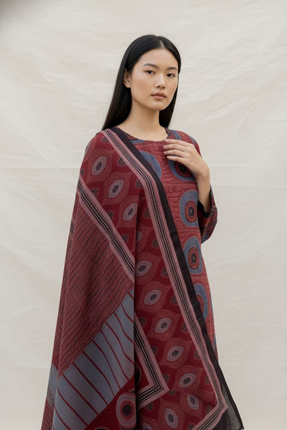 Maroon & Indigo Circular Motif Print Cotton Kurta With Dupatta