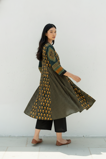 Green & Mustard Printed A-Line Cotton Kurta