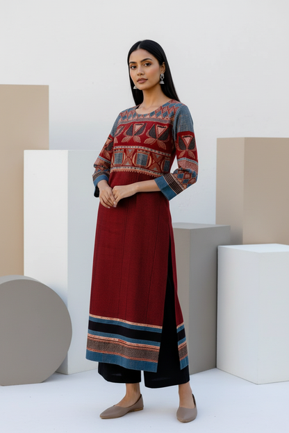 Maroon & Indigo Traditional Motif Print Cotton Kurta