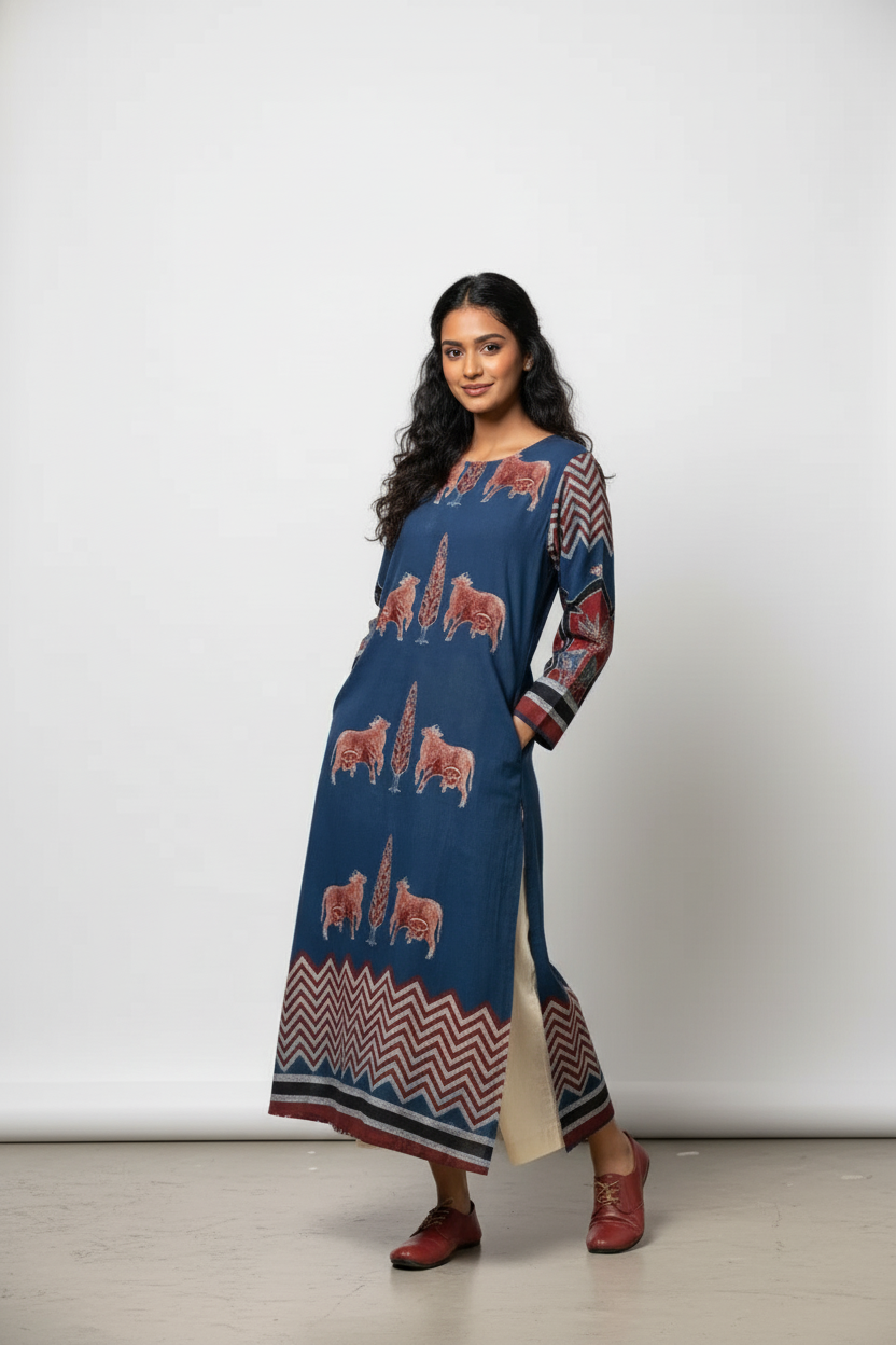 Navy Blue Pichwai Cow Print Cotton Straight Kurta