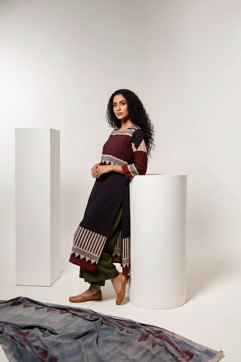 Maroon & Black Print Cotton Long Kurta