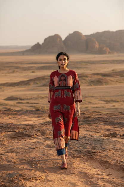 Maroon Pichwai Cow Motif Cotton Kurta