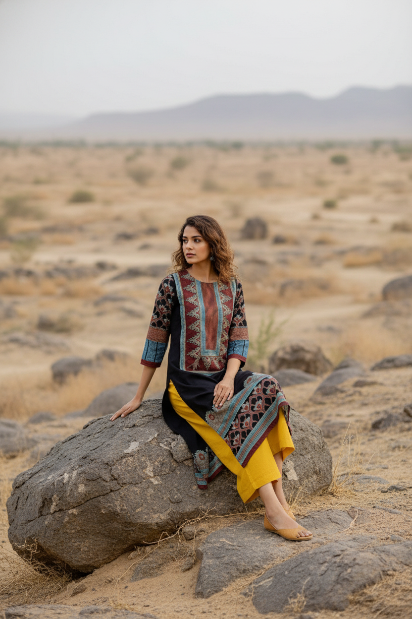Black Ajrakh Printed Cotton Kurta