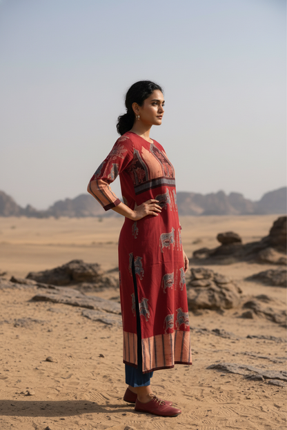 Maroon Pichwai Cow Motif Cotton Kurta