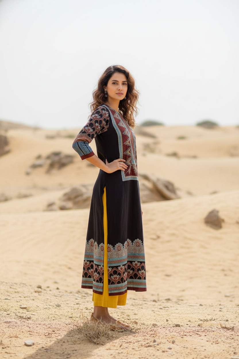 Black Ajrakh Printed Cotton Kurta