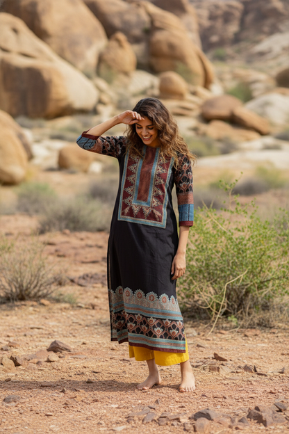 Black Ajrakh Printed Cotton Kurta