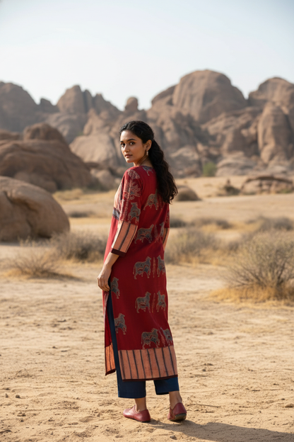 Maroon Pichwai Cow Motif Cotton Kurta