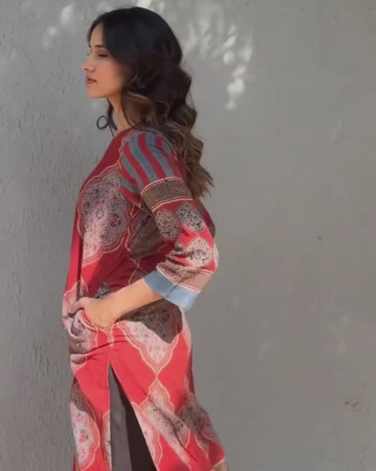 Maroon Traditional Motif Print Cotton Kurta With Dupatta