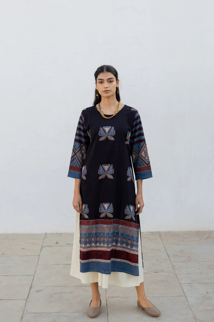 Navy Printed Paneled Cotton Kurta