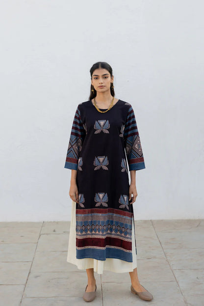 Navy Printed Paneled Cotton Kurta