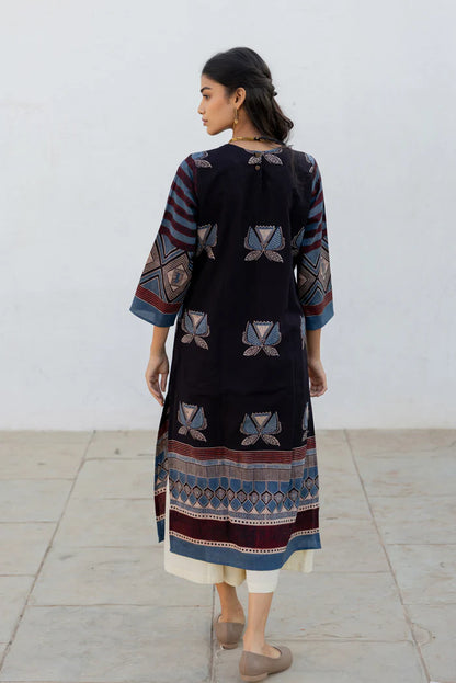 Navy Printed Paneled Cotton Kurta