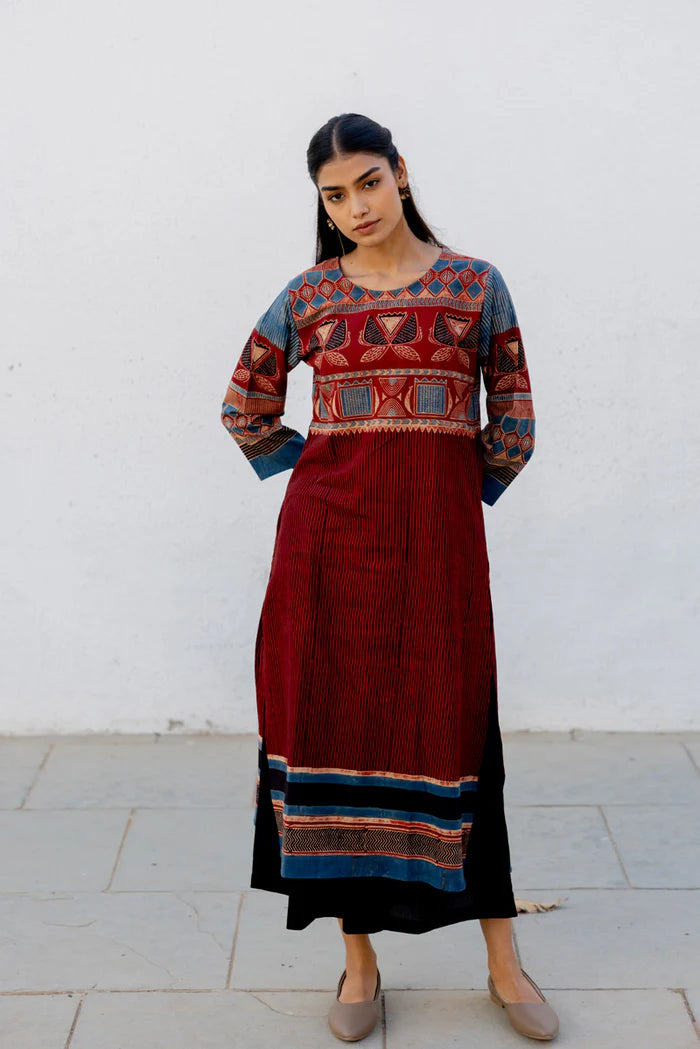 Maroon & Indigo Traditional Motif Print Cotton Kurta