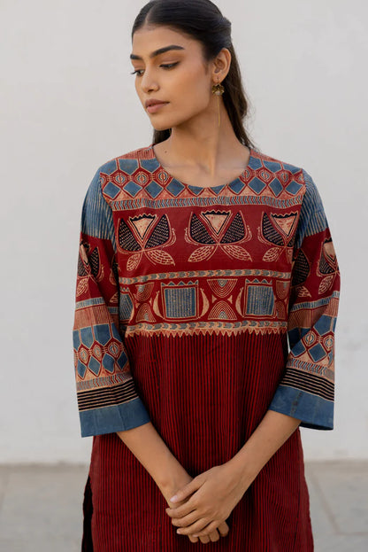 Maroon & Indigo Traditional Motif Print Cotton Kurta