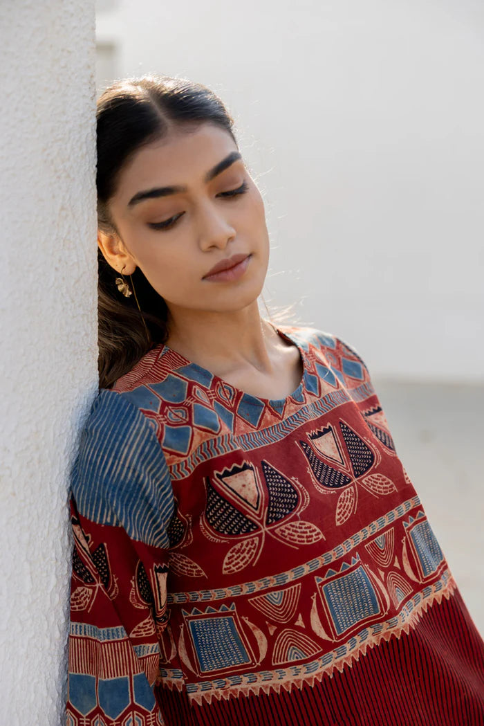 Maroon & Indigo Traditional Motif Print Cotton Kurta