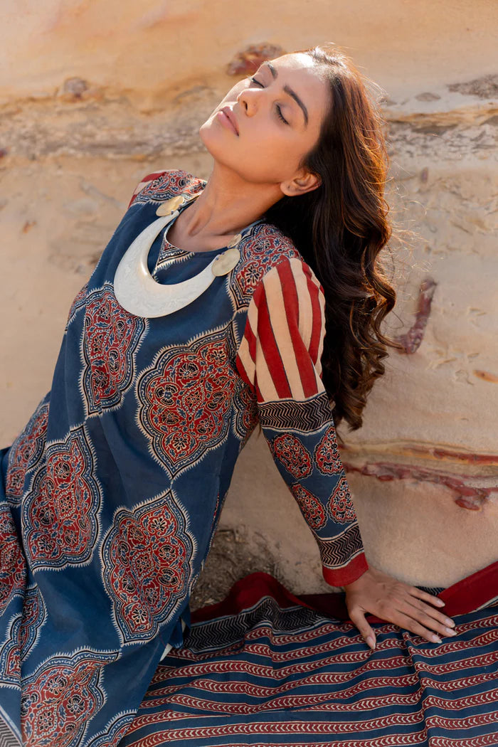 Ethnic Printed Cotton Kurta Set With Dupatta – Blue & Maroon